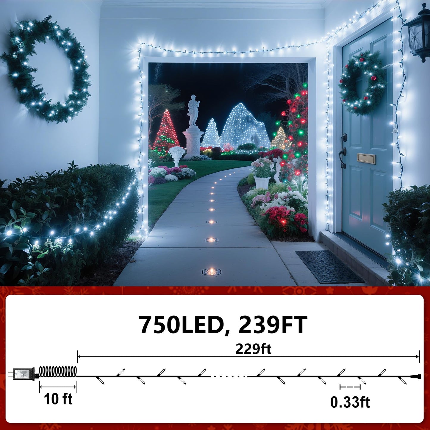 750 Led Christmas String Lights Outdoor  240Ft Twinkle Fairy Lights With Timer & Memory  12 Modes Dimmable Waterproof Tree Light For House Patio Wedding Party Christmas Decororations  Cool White