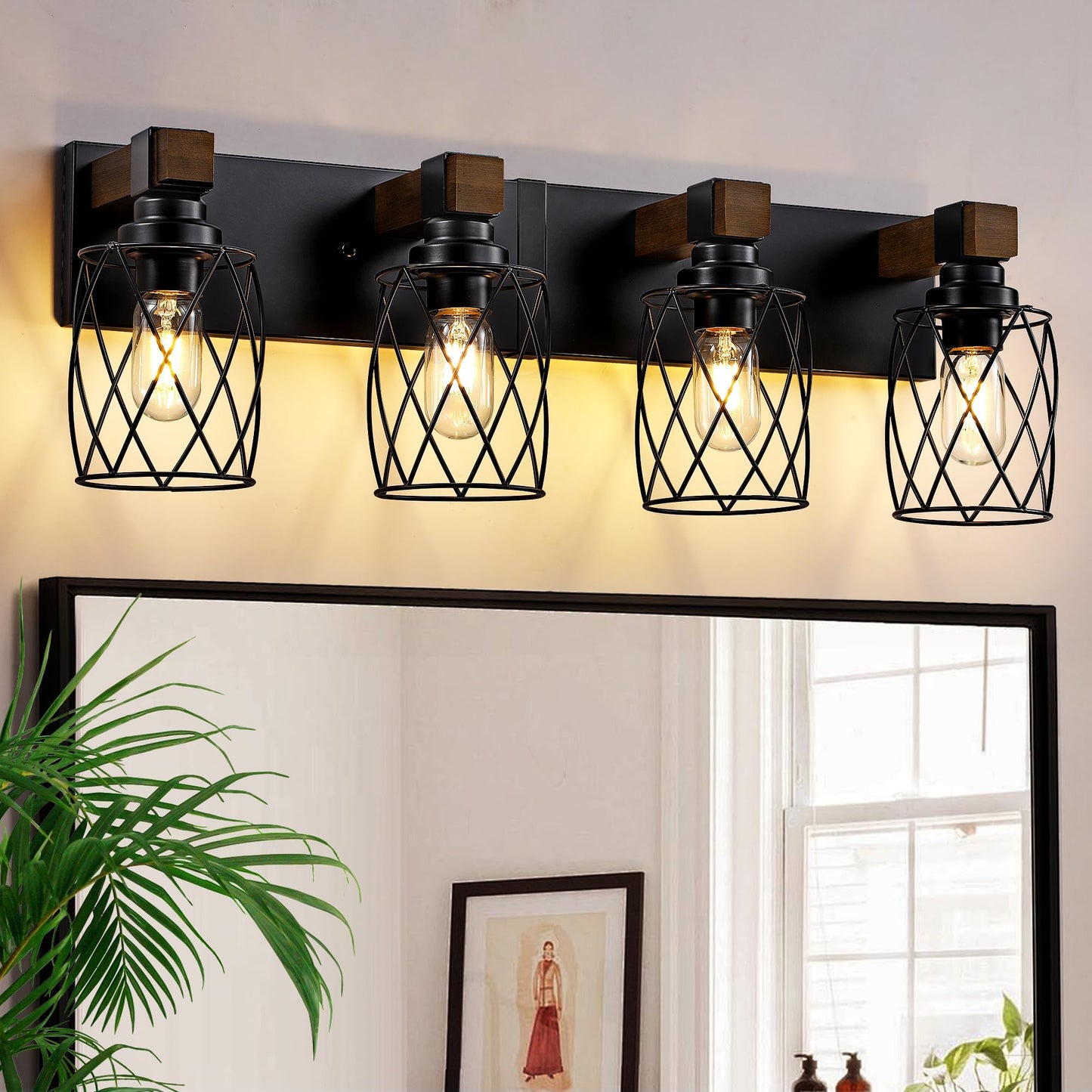 Xvmbvm Farmhouse Bathroom Vanity Light  4-Light Wood Bathroom Light Fixtures Over Mirror  Black Industrial Vanity Lights With Metal Shade  Rustic Bathrooms Lighting For Living Room  Bedrooms  Hallway