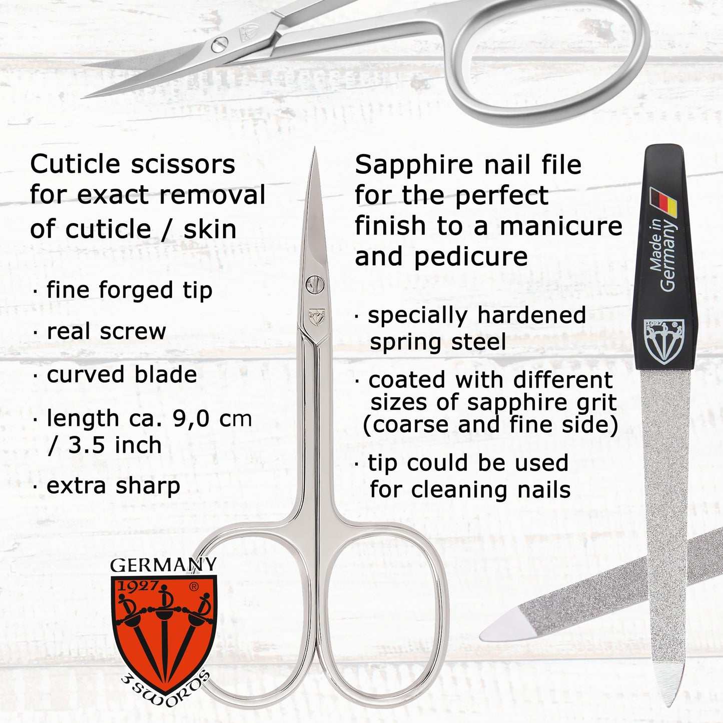 3 Swords Germany - Brand Quality 6 Piece Manicure Pedicure Grooming kit Set - Scissors, Metal and Glass Nail File, Clipper, Twee