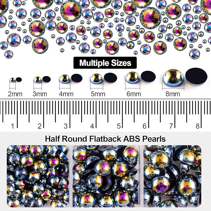 4000PCS Flatback Rhinestones and Half Round Pearls Kit #35, Multi Size Glass AB Crystals, Plastic Flat Back Black AB Dome Bead with Pickup Pencil and Tweezer for Nail Art