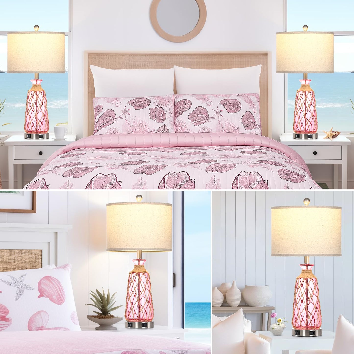 Ruzectt Table Lamps Set of 2, 25.5in Glass, 3-Way Dimmable Touch Control, Pink, USB Ports & AC Outlet, LED Bulbs Included