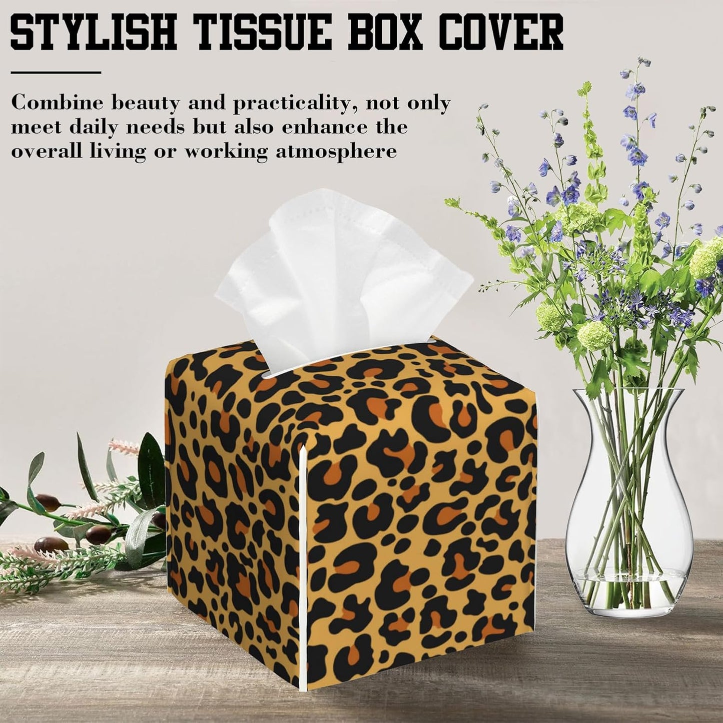 Leopard Print Tissue Box Cover Square, Tissue Box Holder Leather Facial Paper Case Decorative Organizer Holder Dispenser Home Office Car Decor