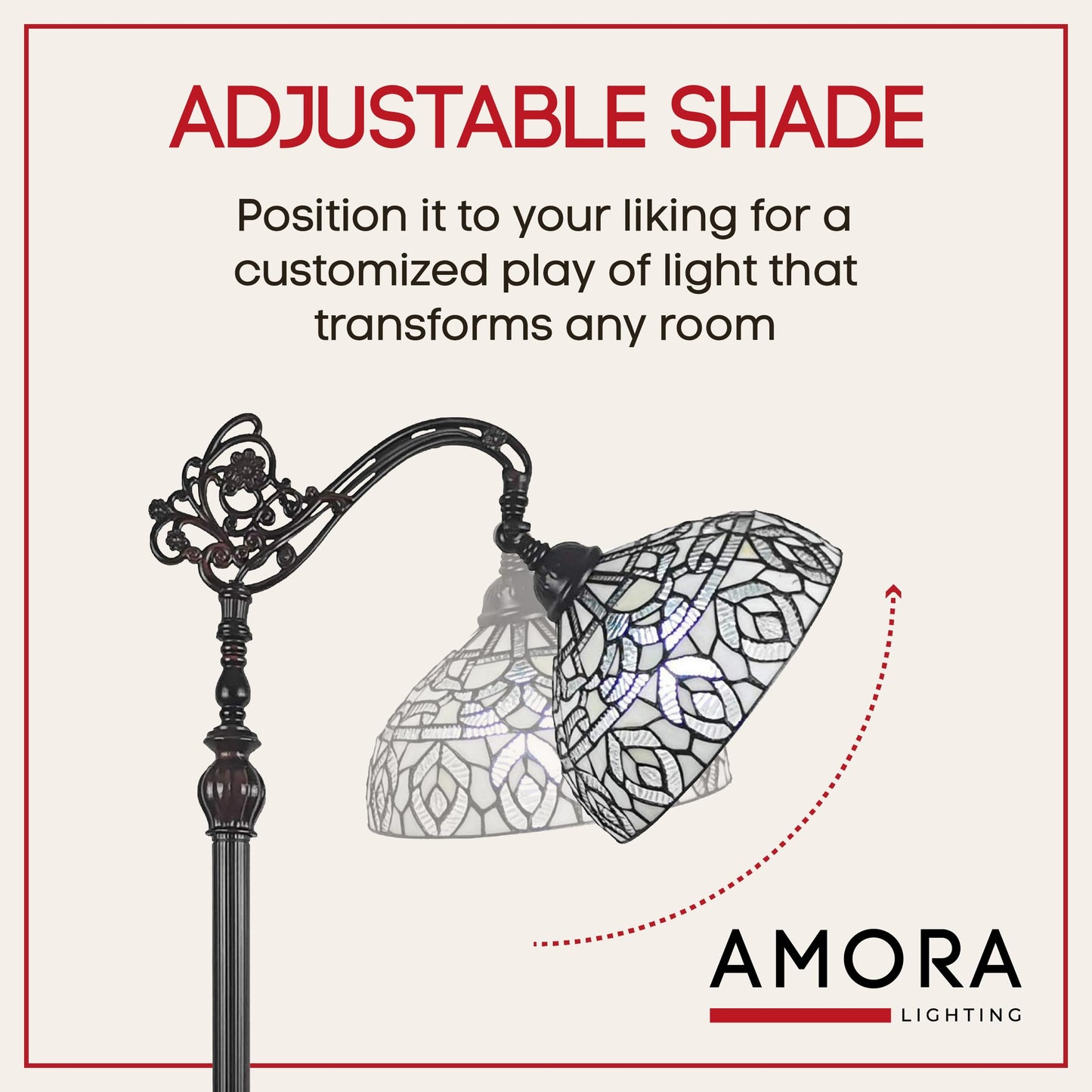 Amora Tiffany Floor Lamp - Arched  Stained Glass 62  With Foot Switch Operation And Adjustable Lamp Shade - Custom Handcrafted Floor Lamps For Living Room In White Mahogany Traditional Peacock