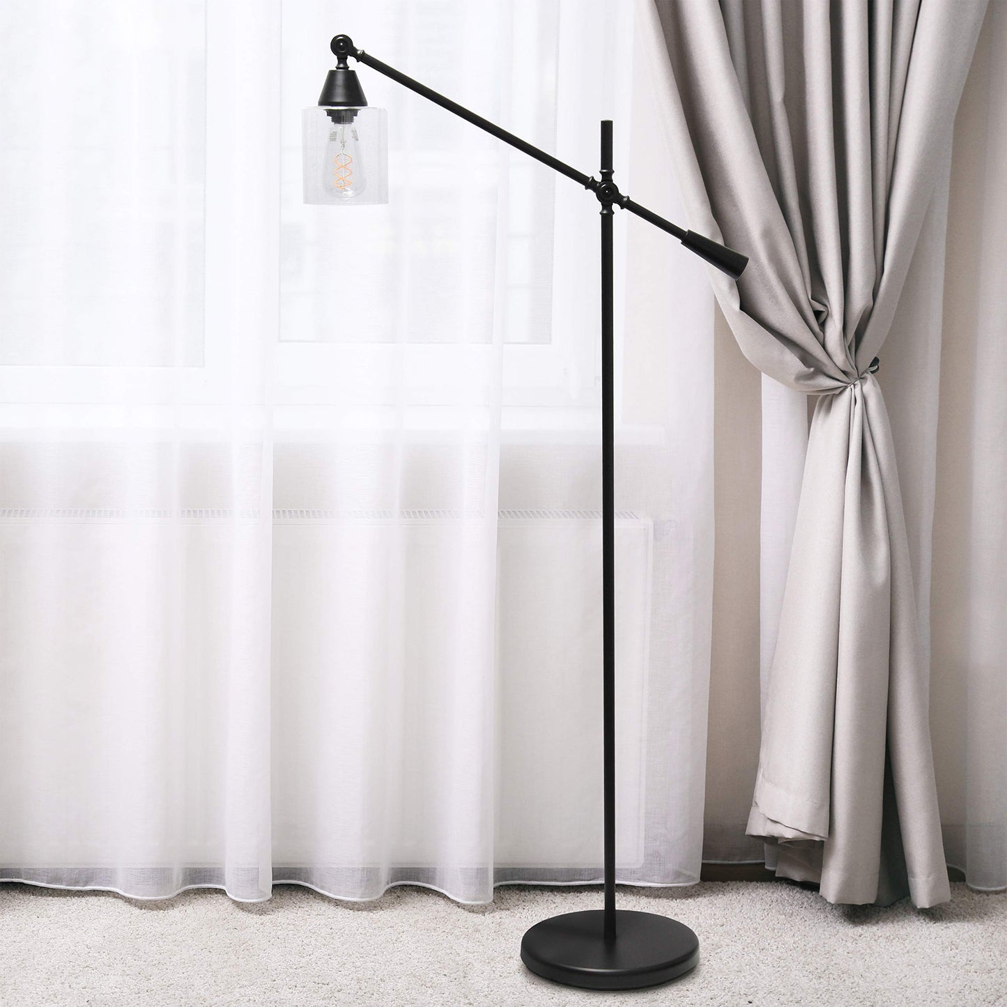 Elegant Designs Floor Lamp, Pivot Arm, Glass Shade, 30inL x 11inW x 56inH, Metal, Black, Model LF1030-BLK