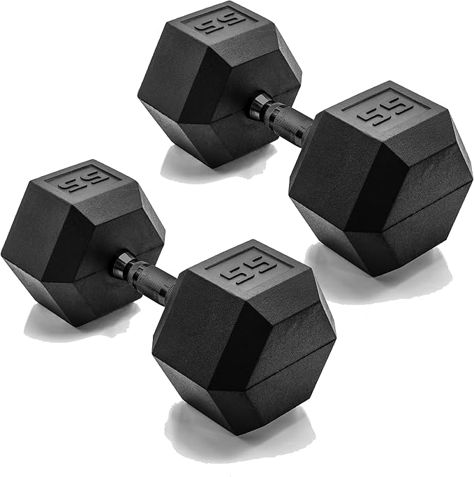 CAP Barbell 55 LB Rubber Coated Hex Dumbbell Hand Weight - Pair | Black Handle