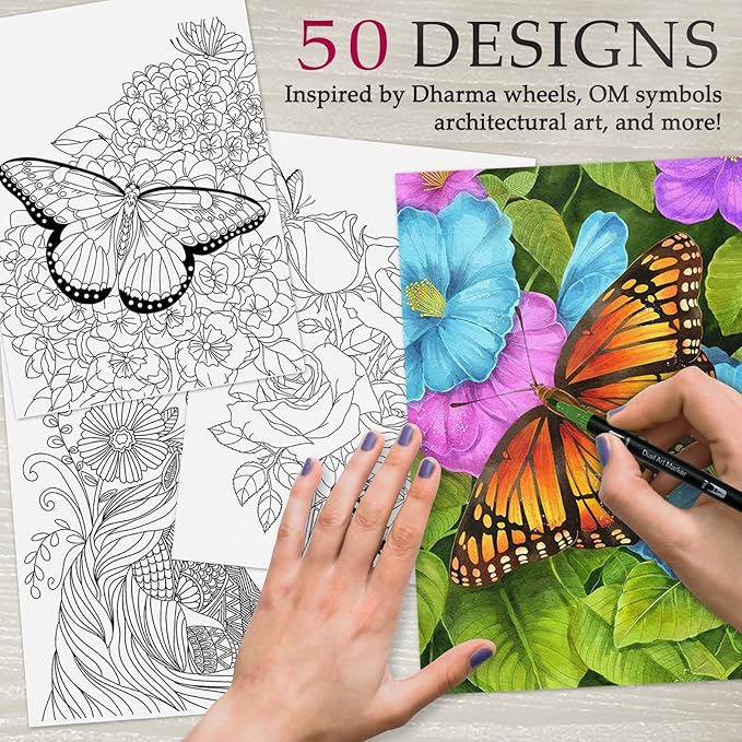 Hardcover Adult Coloring Book for Women Relaxation, 50 Patterns Spiral Bound Mindfulness Butterfly Coloring Books for Adult with 36 Dual-tip Markers, Inspirational Coloring Books Set Gift for Women
