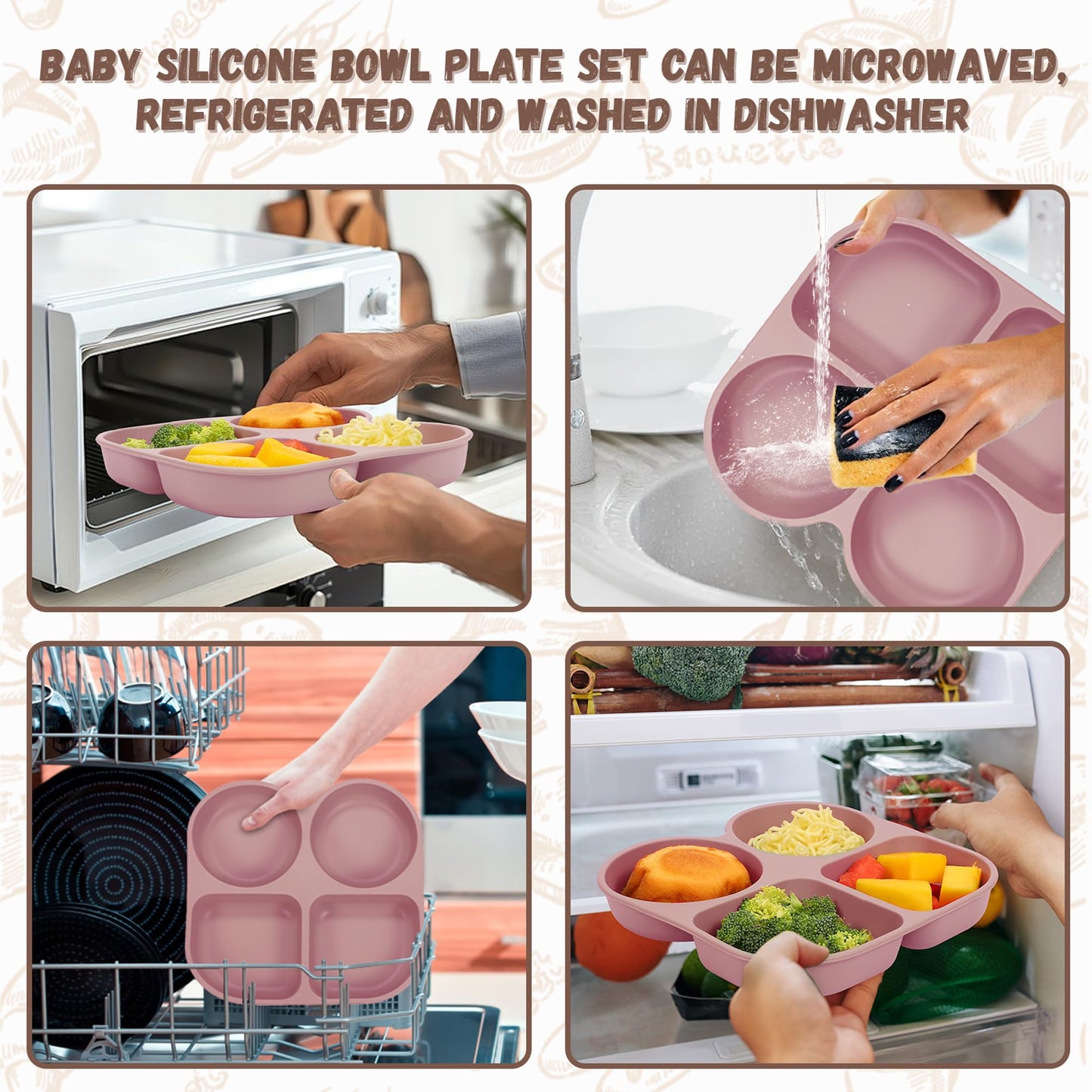 MIICASA Silicone Baby Feeding Set, Baby Led Weaning Supplies, Baby Food Tableware Silicone Suction Plate, Bowl, Spoons, Fork, Waterproof Bib, Cup & Complementary Food Cake Mold, Baby Eating Utensils
