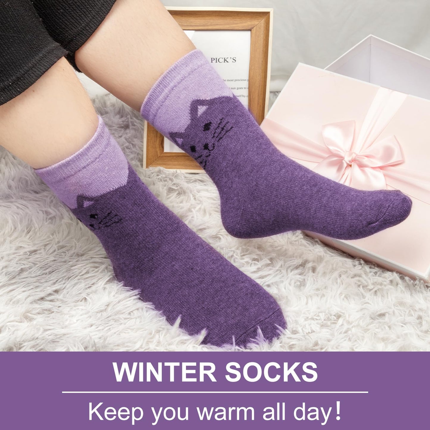 Justay 5 Pairs Womens Wool Socks - Thick, Warm, Winter, Cozy Vintage Knit Cat Crew Socks - Gifts for Women