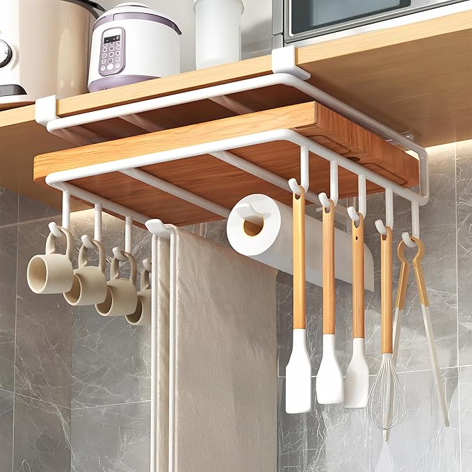Mug Holder Under Cabinet,Paper Towel Holder for Cabinet,Chopping Board Organizer,No-Hole Multifunctional Stainless Steel Under Cabinet Hooks for Kitchen (White)