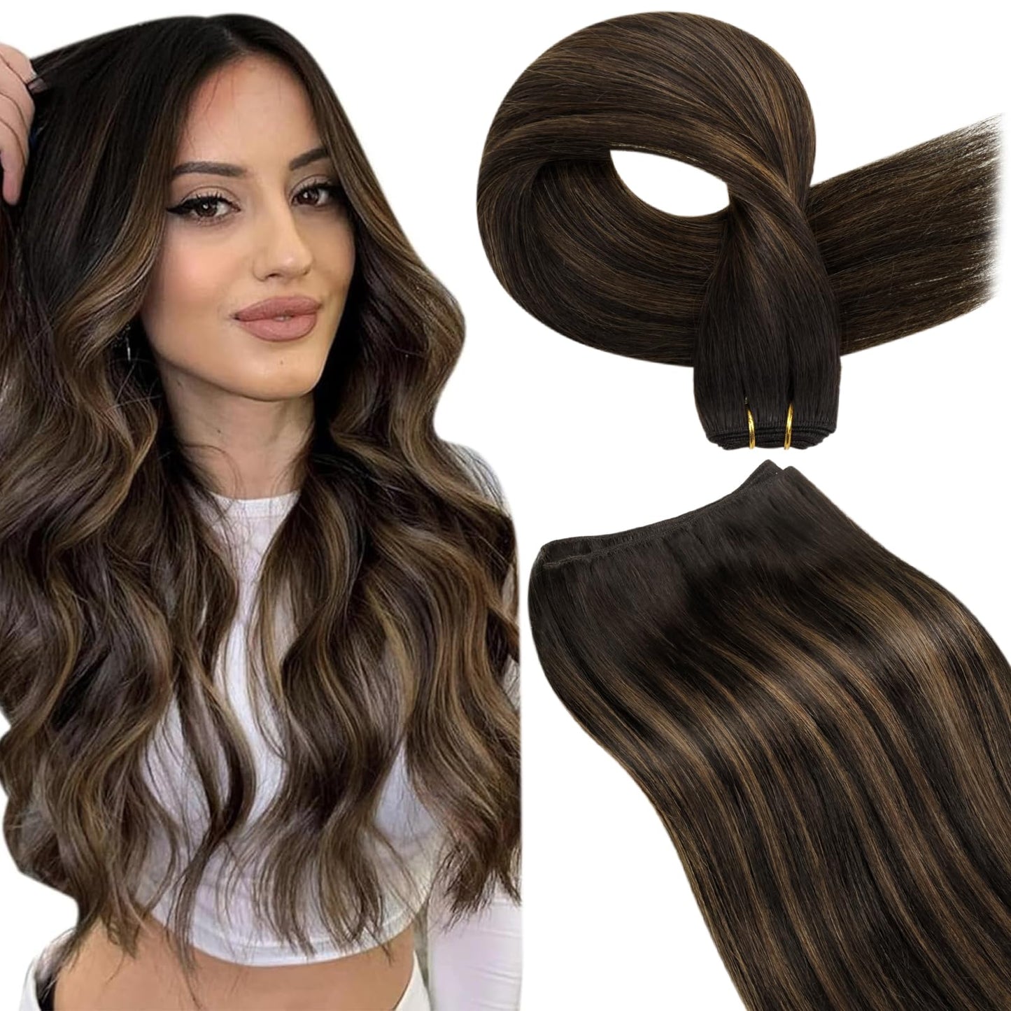 LaaVoo Human Hair Weft Extensions Brown Ombre Sew in Hair Extensions Long Straight Double Weft Hair Extensions Human Hair Dark B