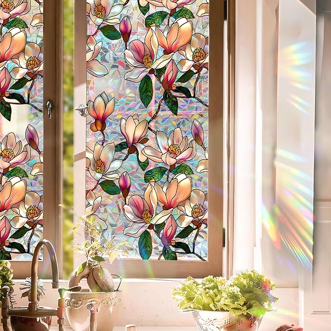 Floral Window Privacy Films, Stained Glass Rainbow Window Sticker Decor, UV Blocking Removable Static Cling Film for Bathroom Living Room Bedroom Sunroof, 17 x 39.37 Inch