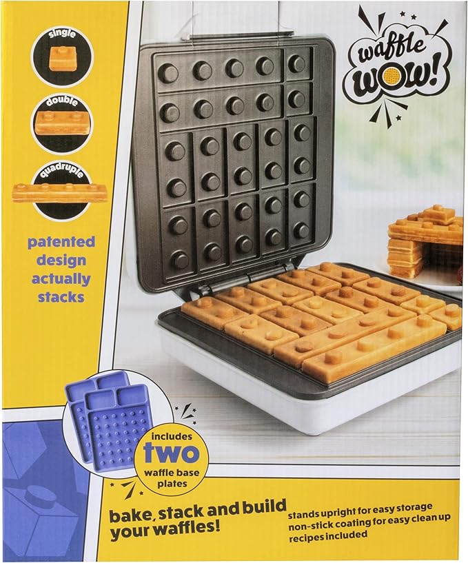 Building Brick Electric Waffle Maker w 2 Construction Eating Plates- Cook Buildable House or Car Waffles, Pancakes in Minutes- Fun Breakfast for Kids Adults- Stack & Build on Serving Dish, Unique Gift