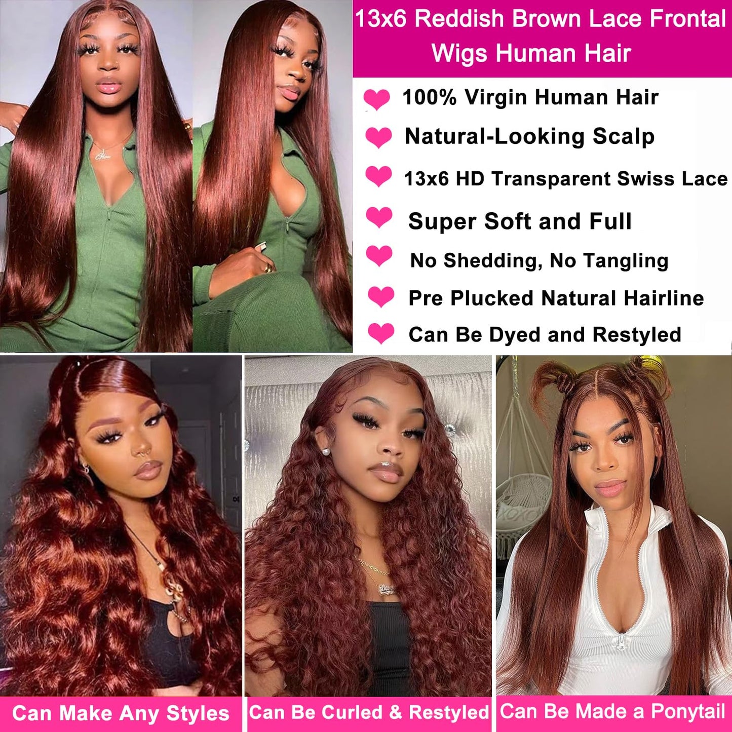 13x6 Reddish Brown Lace Front Wigs Human Hair Straight Human Hair Wigs for Women Reddish Brown 13x6 HD Lace Front Wigs Pre Pluck