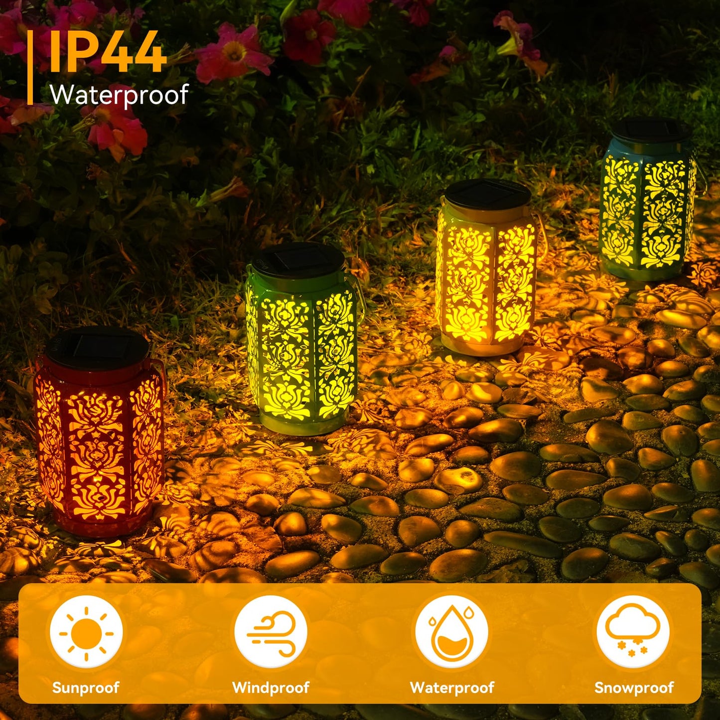 OxyLED 4 Pack Solar Lanterns - IP44 Waterproof, Multicolor LED Hanging Lights for Outdoor Garden, Patio, Yard, Model D80-0559N-30