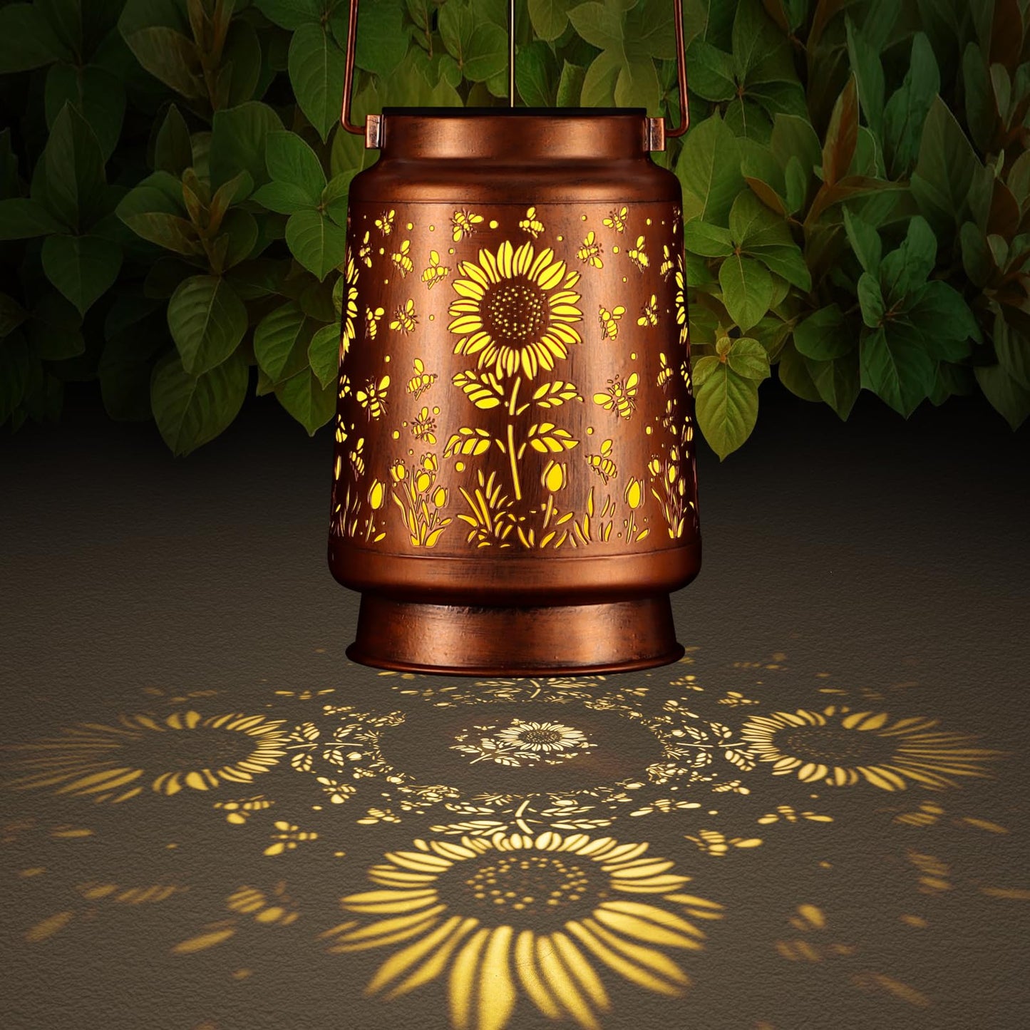 Solar Lantern Outdoor Hanging Waterproof Outside Metal Openwork Hummingbird Pattern Birthday Gifts For Women Mom Landscape Lights For Porch Garden Yard Patio Pathway Decor(Sunflower + Bee)