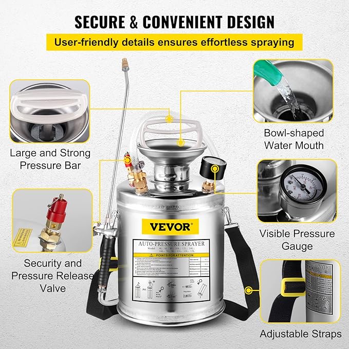 Happybuy 1 Gallon Stainless Steel Pump Sprayer, 12" Wand & 3FT Reinforced Hose, Pressure Gauge, Safety Valve & Adjustable Nozzle, Garden Weed Sprayer for Lawn, Gardening, Sanitizing