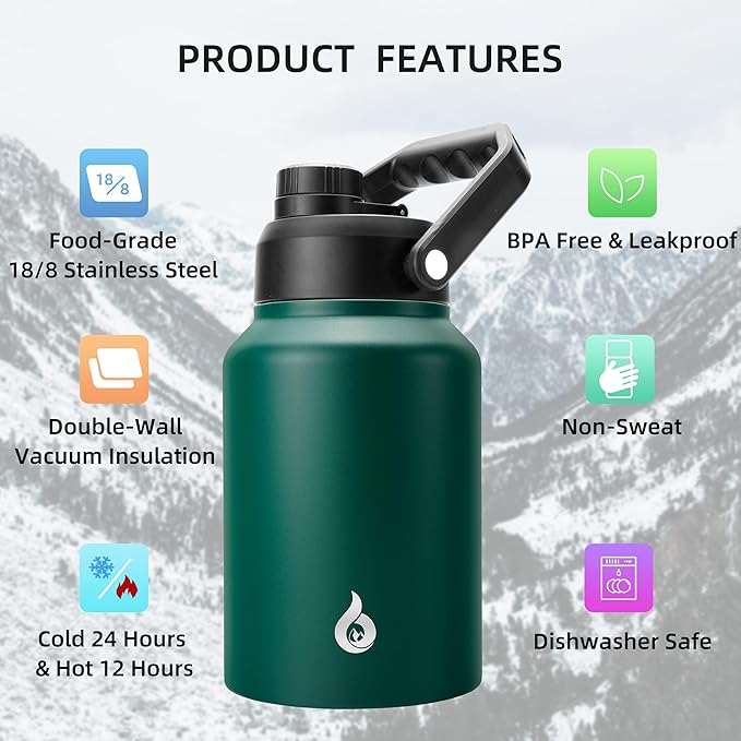 BJPKPK 64 oz Insulated Water Bottle, Dishwasher Safe Half Gallon Water Bottle with Ergonomic Handle, BPA Free Leak Proof Water Jug for Sports, Metal Jug with Anti-slip Bottom, Army Green