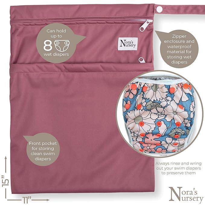 Nora's Nursery Reusable Swim Diapers and Wet Bag - One Size Fully Adjustable - Charleston Rose Unisex 3 Pack with Wet Bag