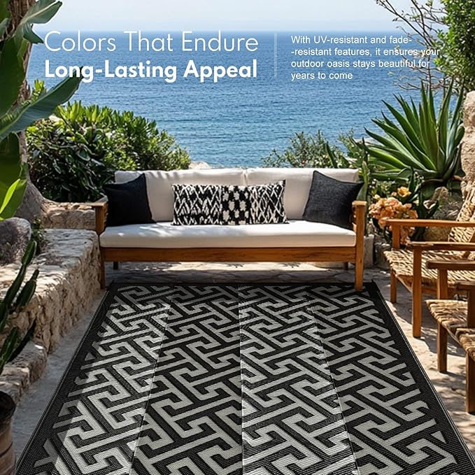 Waterproof Outdoor Rug 4x6 ft, Reversible Plastic Straw Rug, Easy to Clean Patio Rug, Portable Carpet for Patio, RV, Deck, Balcony, Backyard, Picnic, Beach, I-Shaped, Black