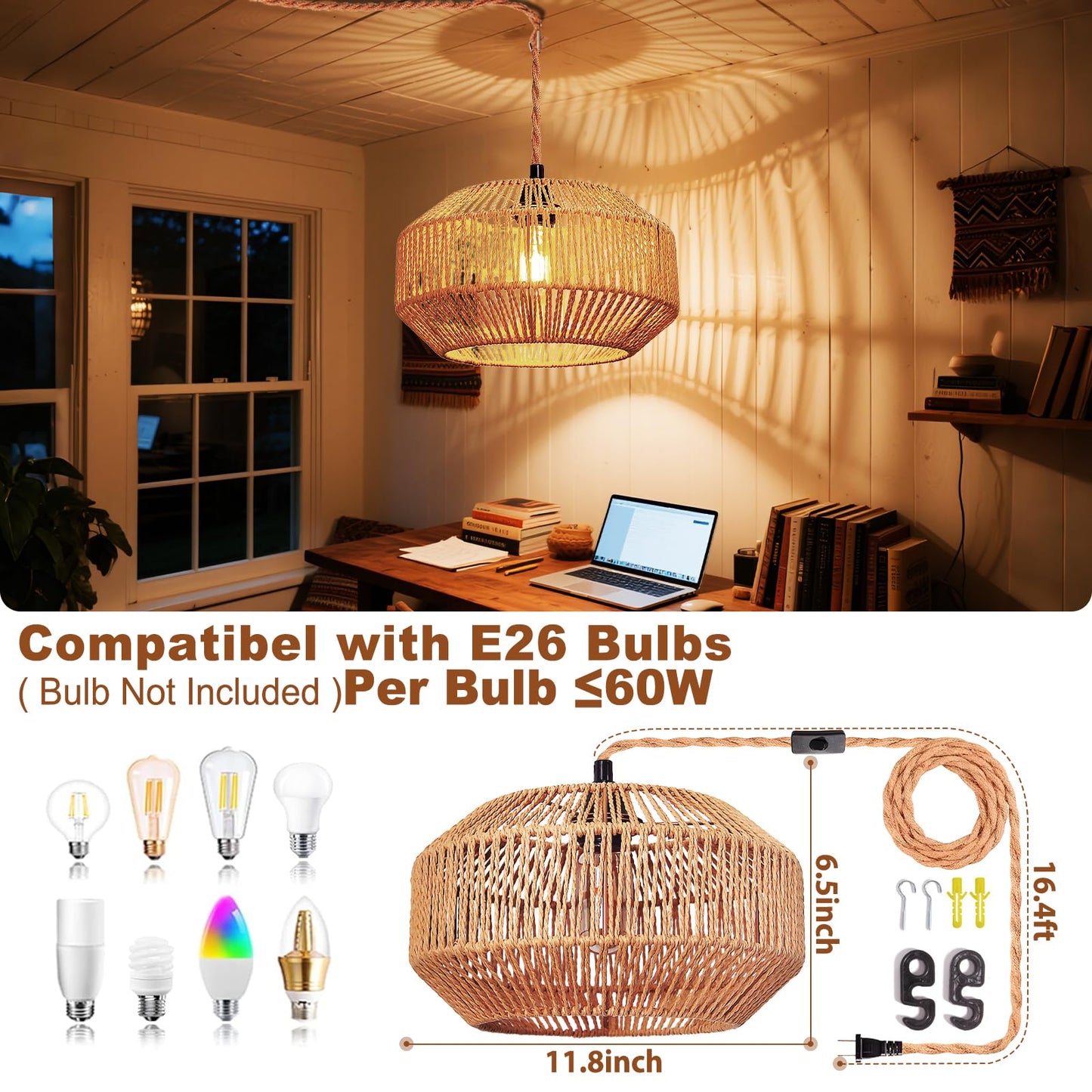 Maliralt Rattan Pendant Light Fixture, 11.8 Inch Pumpkin Shade, Brown, Model 1006, Plug-In with On/Off Switch for Bedroom Living
