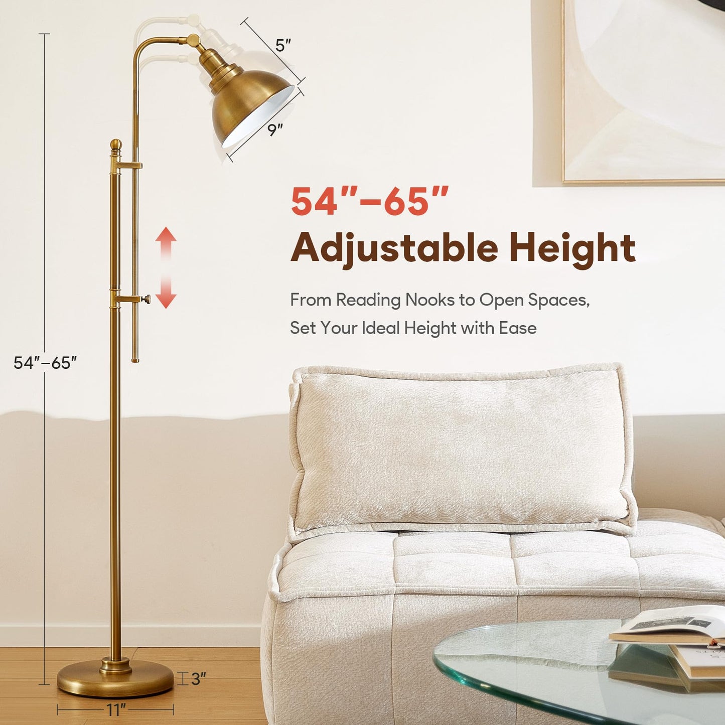 VONLUCE Industrial Brass Floor Lamp, Adjustable Height & Head, 65in, Metal, Model PTLN816GD