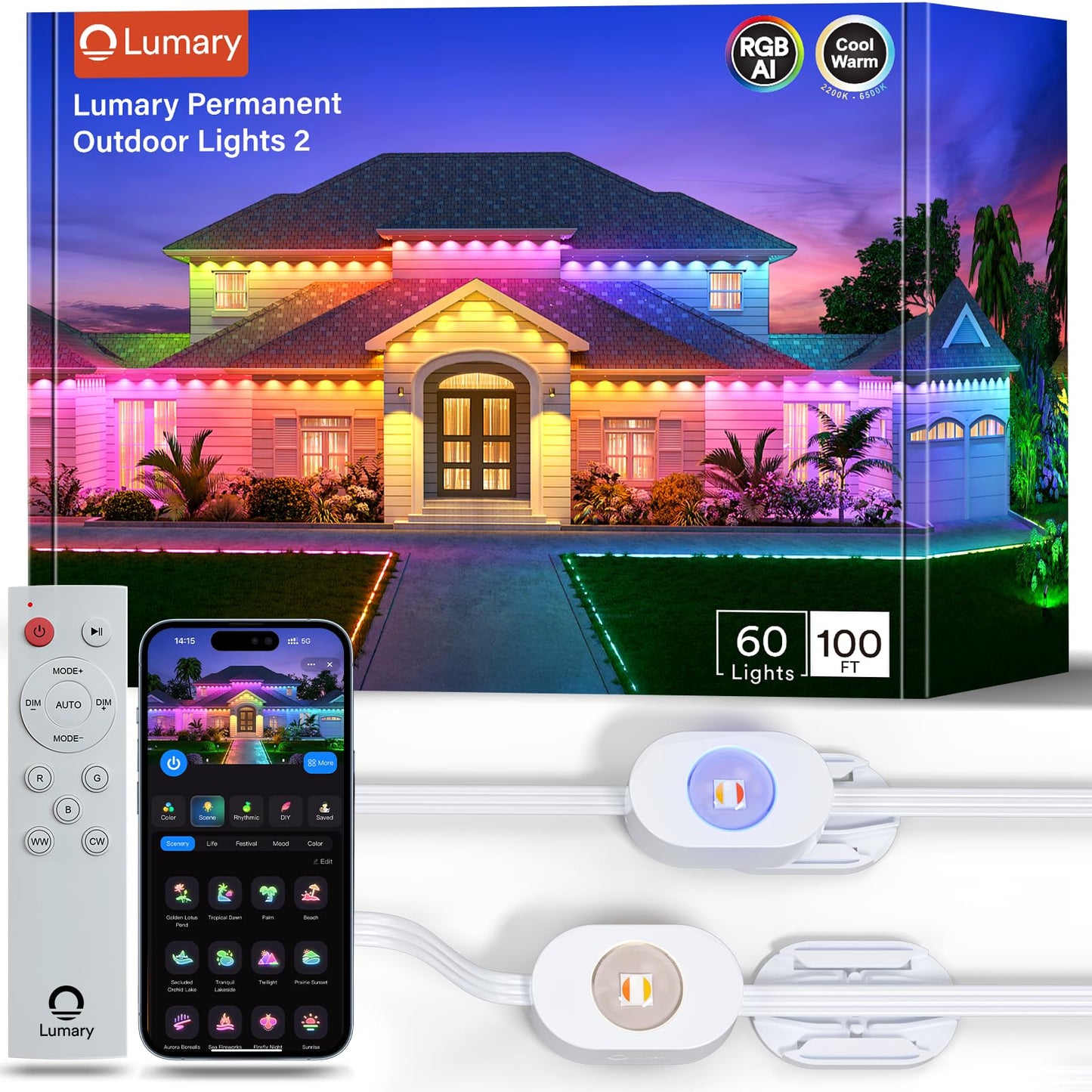 Lumary Smart Permanent Outdoor Lights 2 With Remote & Slide-Base  100Ft With 60 Rgbaicw Leds 3600Lm For Daily & Accent Lighting  110+ Scene For Halloween Christmas Decor  Work With Alexa Google  White