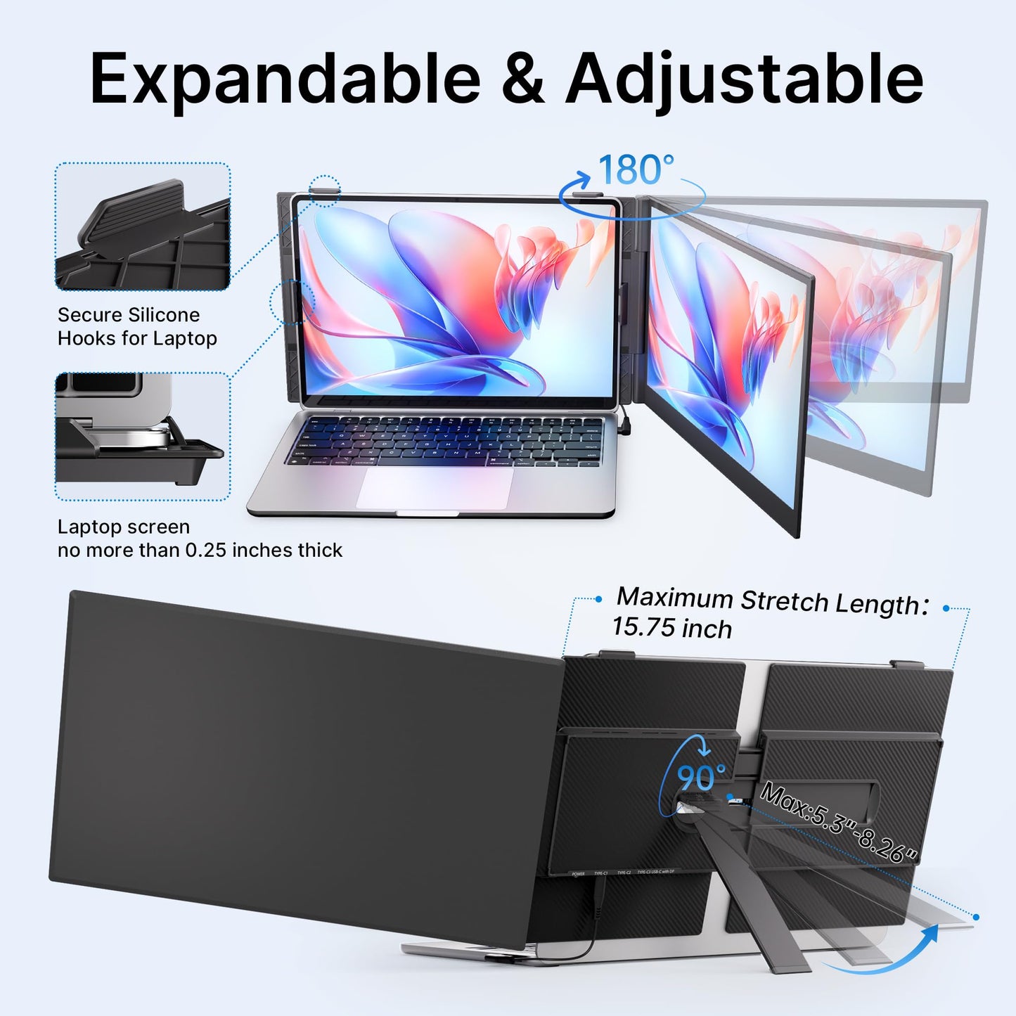 AOKER Laptop Screen Extender - Ultra-Thin 1.3lbs 14" FHD IPS Dual Portable Monitor Extension for Laptop, Attachment Plug & Play for 13-17" Laptops, Second Extra Travel Display for Windows/Mac/Android