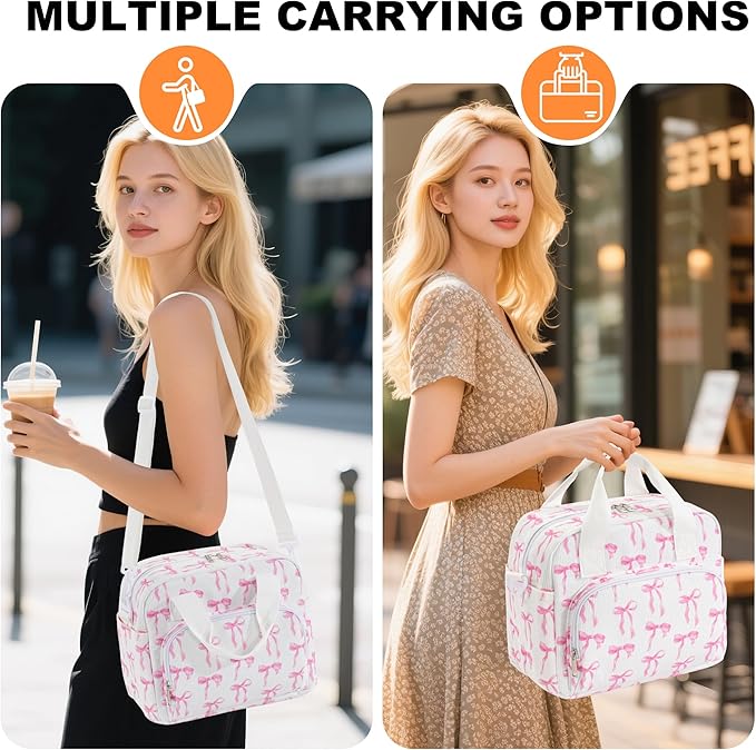 Large Lunch Bag for Women Insulated Lunch Box Reusable Cooler Bag Portable Cute Corduroy Leakproof Tote Bags for Travel, Work, and Picnic, Ribbon Bow