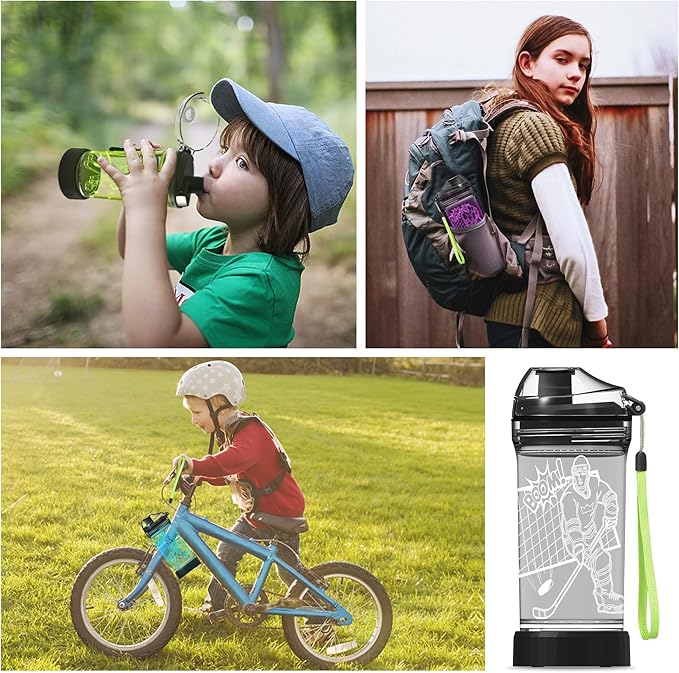 Kids Water Bottle with Ice Hockey Player Design 3D Glowing LED Light-Tritan BPA Free,Perfect for Back-to-School Season, Girls, Boys, Kids, Holiday Camping, Picnic Gifts - 14 oz Travel Mug