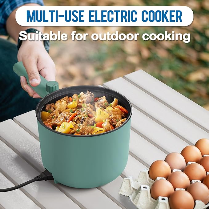 Topwit Hot Pot Electric with Steamer, 1.5L Ramen Cooker, Non-Stick Sauté Pan, Portable Cooking Pot, Electric Cooker with Dual Power Control, BPA Free, Over-Heating & Boil Dry Protection, Green