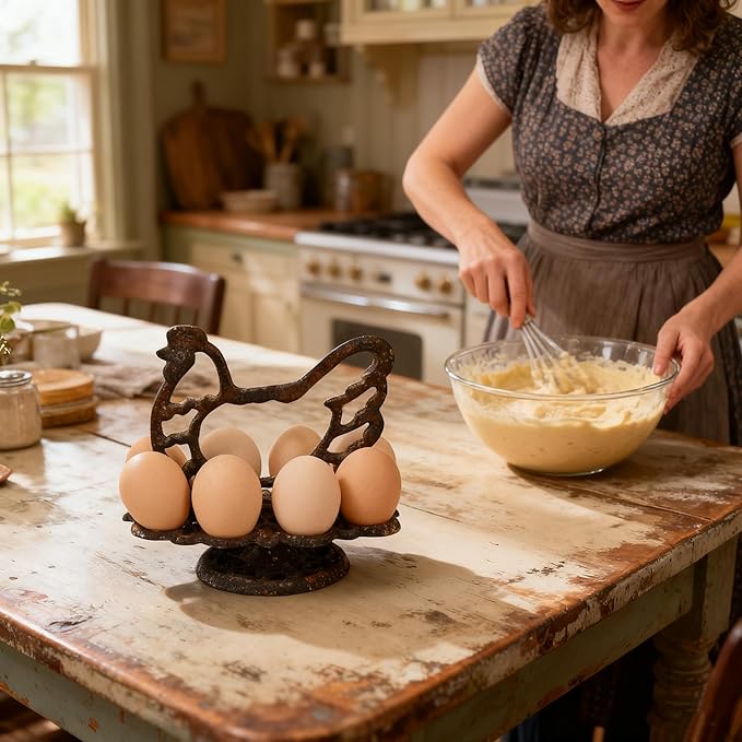 Vintage Cast Iron Chicken Egg Holder, Rustic Farmhouse Kitchen Decor Egg Tray, Heavy Duty Retro Decorative Table Display Stand for 8 Eggs (Antiqued Rusty)