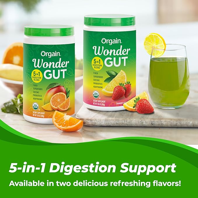 Orgain Organic Wonder Gut Fiber Supplement Powder, 5 in 1 Blend with 1 Billion Probiotics, Greens, Vitamin C, Adaptogens for Gut Health and Immune Support, Non-GMO, Orange Mango, 7.05 oz
