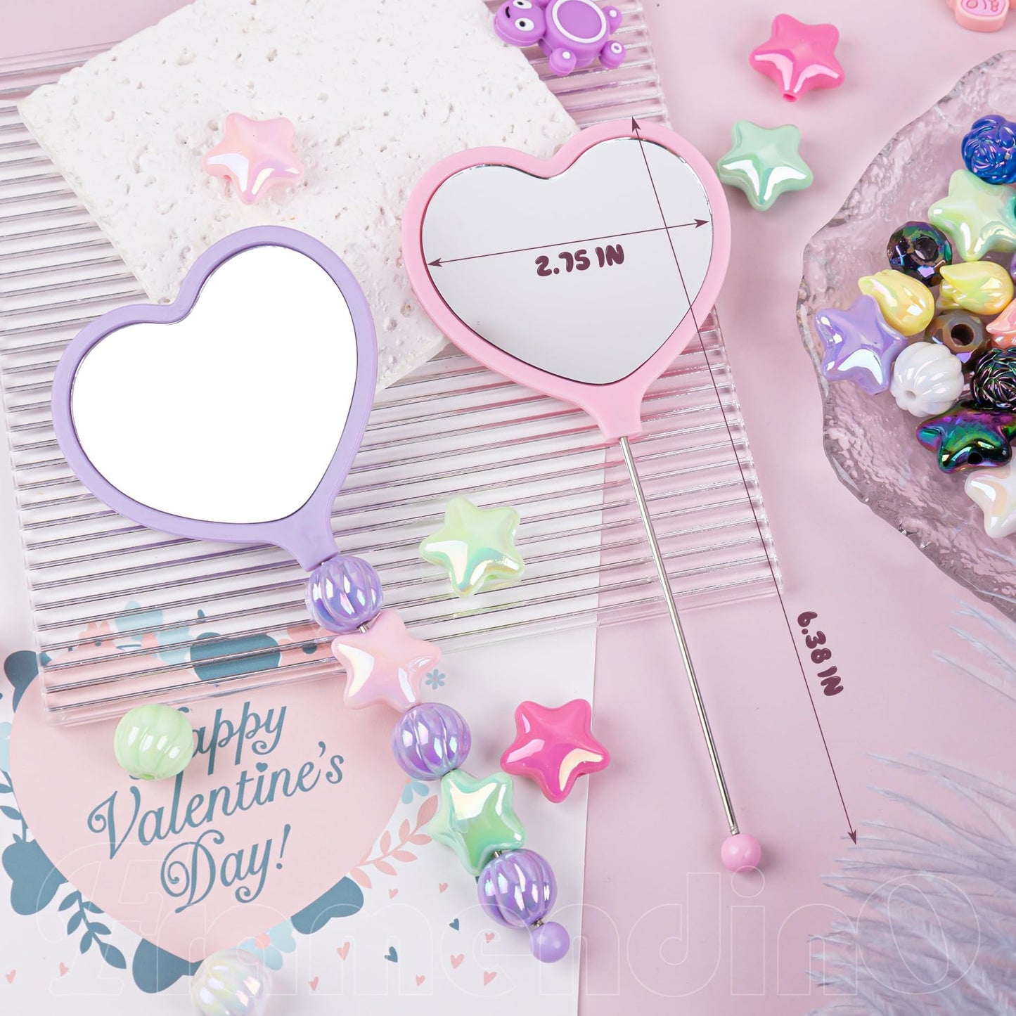 Framendino, 10 Pack Beadable Heart Travel Makeup Mirrors with Blank Bar Handheld for DIY Jewelry Making 10 Color