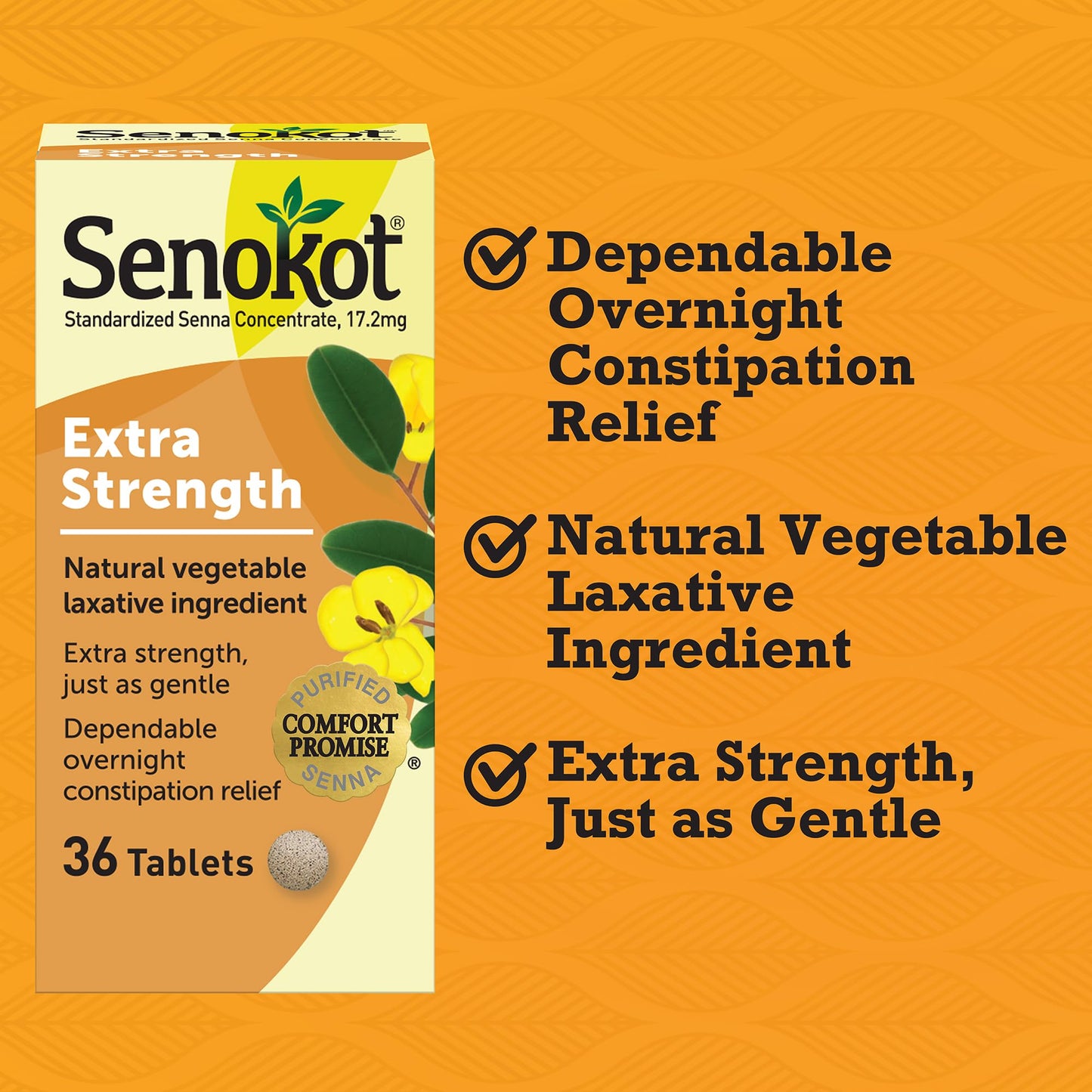 Senokot Extra Strength Natural Vegetable Laxative for Gentle Overnight Relief Occasional Constipation, 36 Count (Pack of 2)
