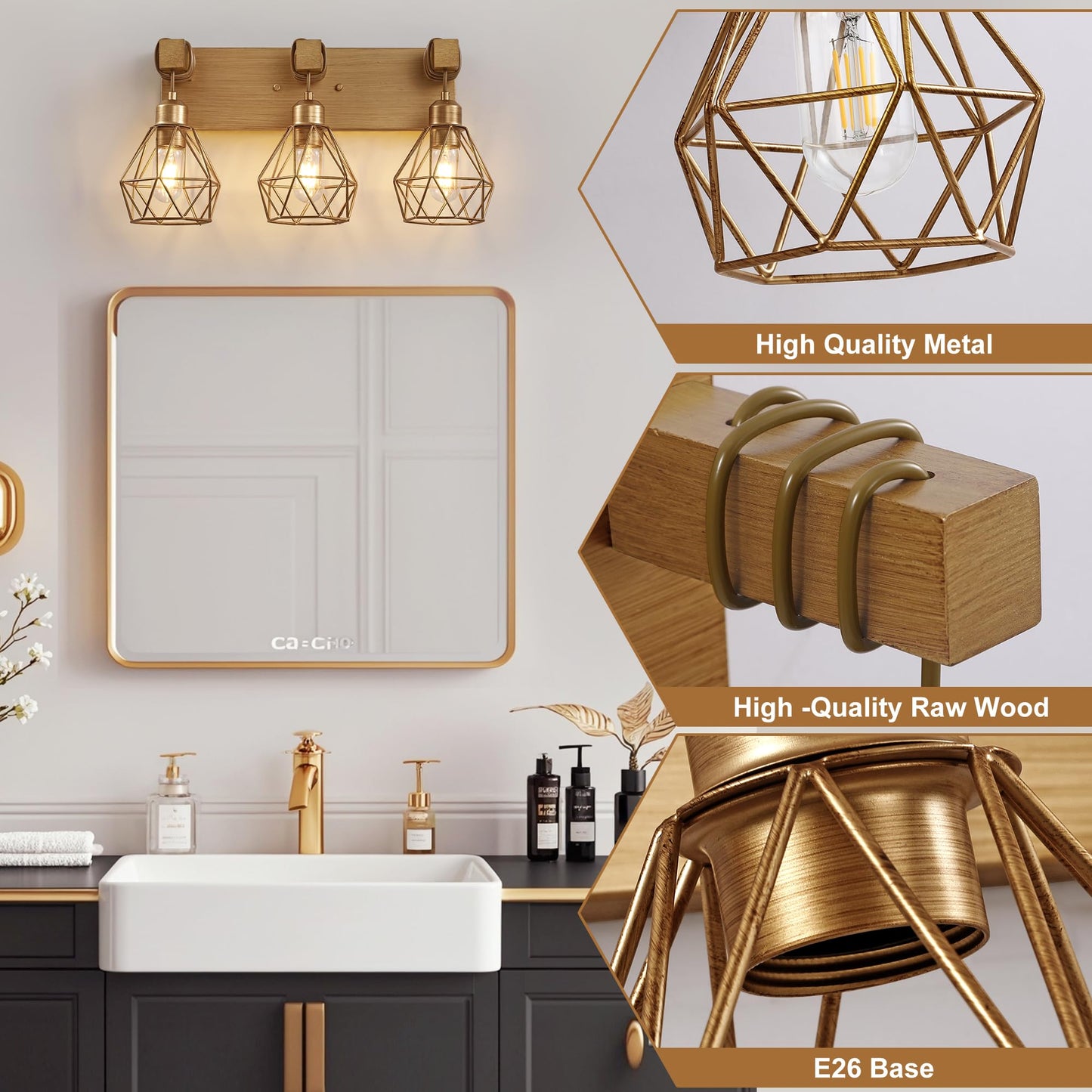 Gold Bathroom Vanity Light Fixtures  3-Light Gold Bathroom Light Fixtures Over Mirror  Sconces Wall Lighting With Elegant Metal Lampshade For Living Room  Bedroom  Hallway