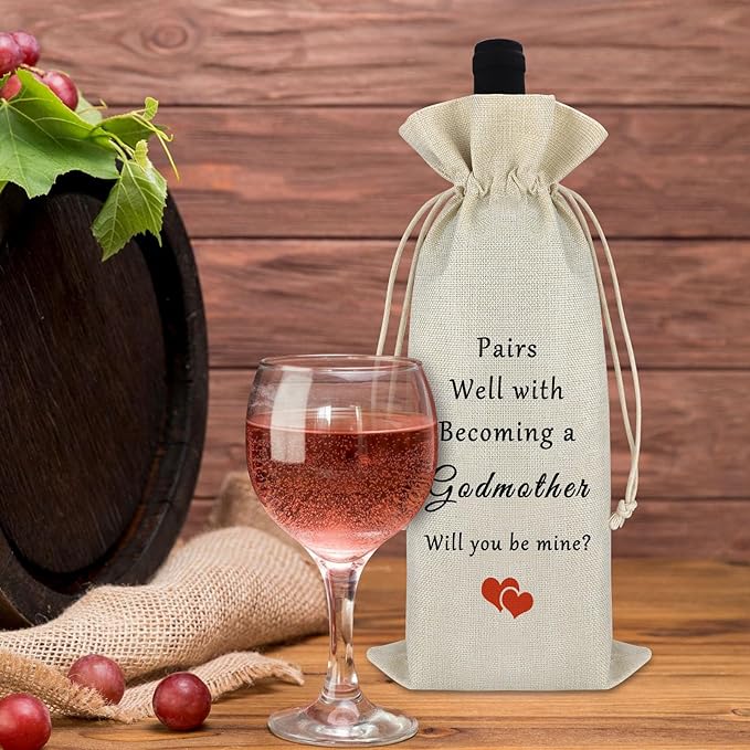Mother’s Day Gift Godmother Gift from Godchild Godmother Wine Bag Pregnancy Announcement Gift for Friends Birthday Christmas Gift for Aunt Godmother Drawstring Burlap Wine Bottle Bag Thanksgiving Gift