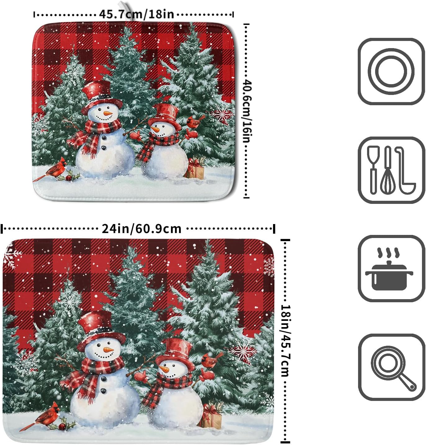 Christmas Snowman Dish Drying Mat for Kitchen Counter Xmas Trees Snowflake Buffalo Plaid Drying Mat 18x24 Inch Winter Holiday Absorbent Dish Drainer Mat Christmas Kitchen Accessories