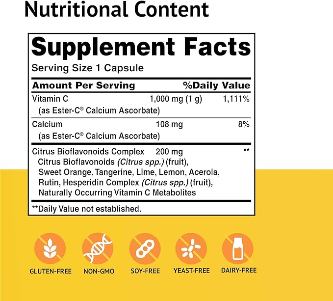 Ester-C American Health with Citrus Bioflavonoids Capsules - 24-Hour Immune Support, Gentle On Stomach, Non-Acidic Vitamin C - Non-GMO, Gluten-Free - 1000 mg, 90 Count