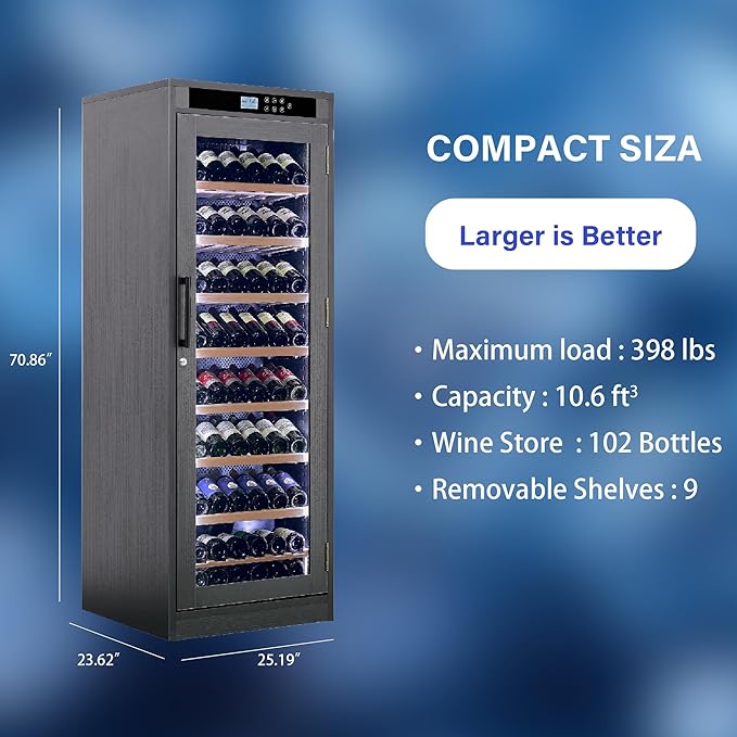 102 Bottles Grape Wine Refrigerator, Freestanding/Built-in Wine Fridge, LED Touch Screen, Intelligent Temperature-Controlled, 10.6 cu.ft. Multi-Tiered Cabinet 9 Removable Shelves, Black