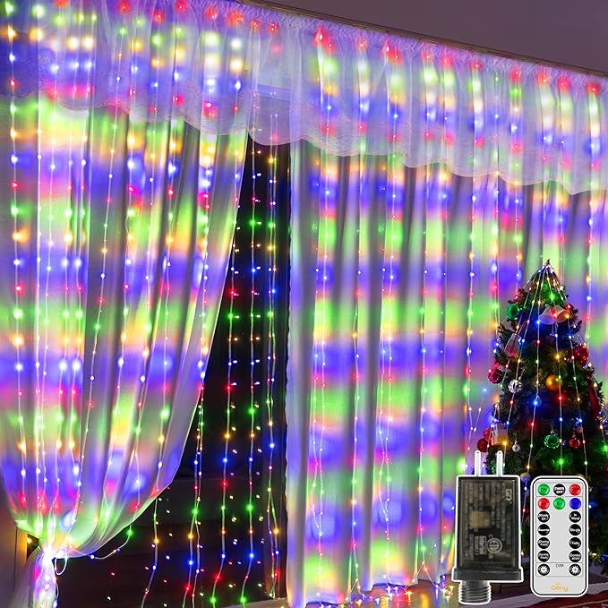 Ollny Curtain Lights 600LED 19.7ft x 9.8ft, IP67 Waterproof Outdoor Curtain Rice Lights with Remote, Plug-in Untangle Fair...