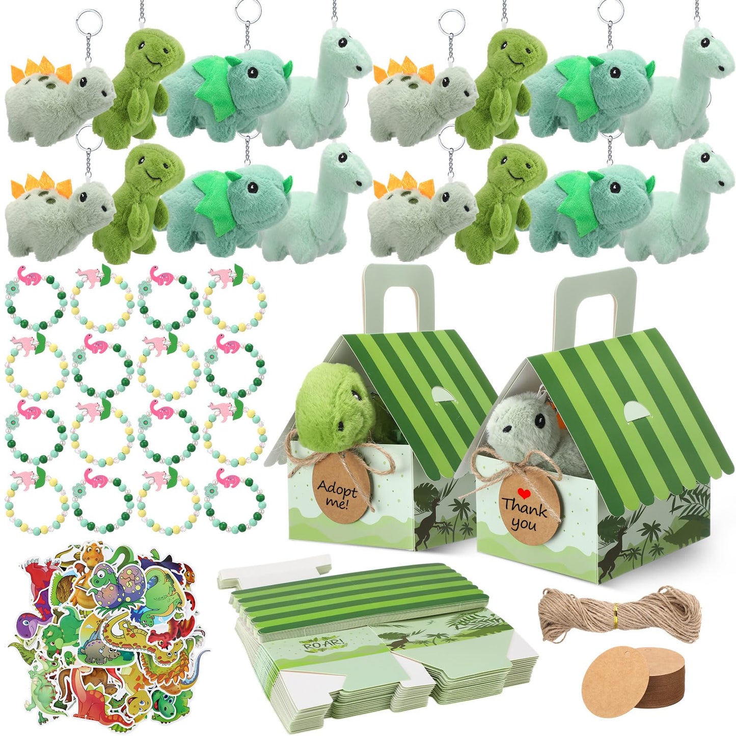 Remuuly 88 Pcs 12 Sets Dinosaur Party Favor Mini Dinosaur Stuffed Animals Bulk Plush Keychains Bracelet Gift Box Sticker for Ado