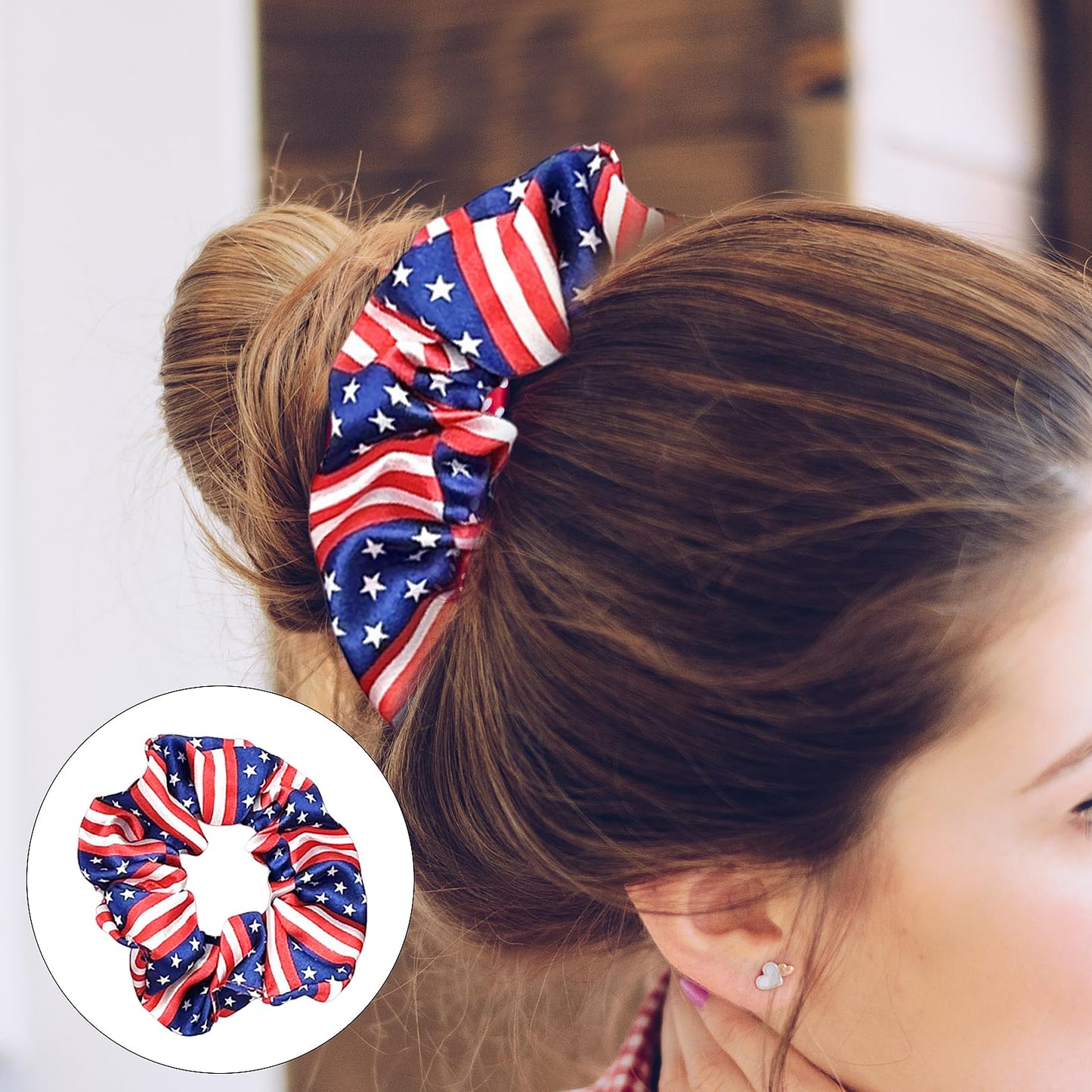 4th of July of Hair Accessories Set - 3Pcs American Flags Bandana Headband Red Blue White Hair Scarf Tie Patriotic Satin Scrunch