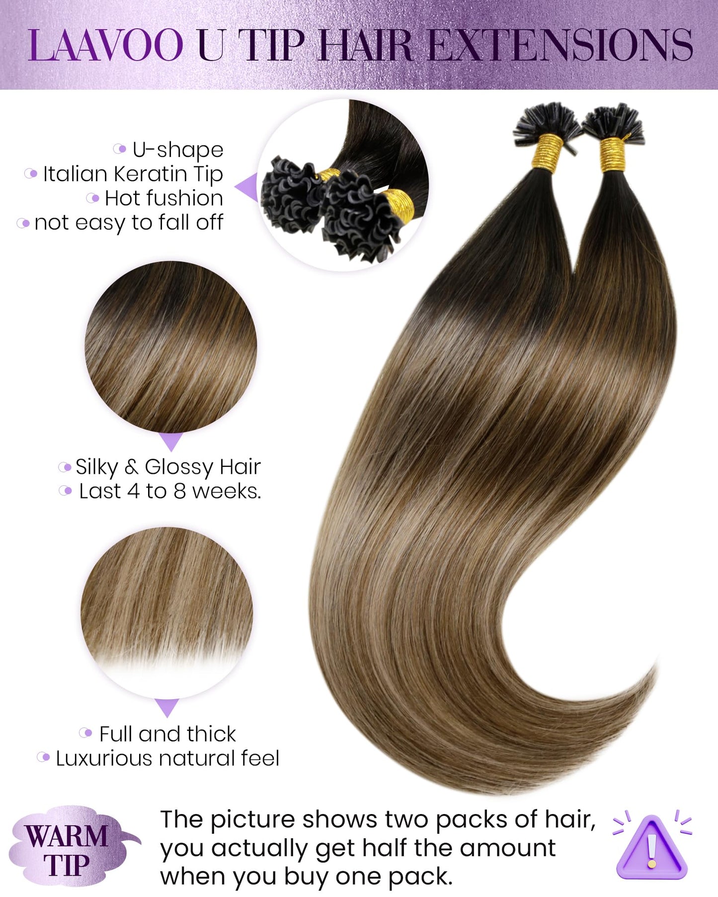 LaaVoo K Tip Hair Extensions Real Human Hair Ombre Ktip Human Hair Extensions Dark Brown to Chestnut Brown with Ash Brown 20 U T