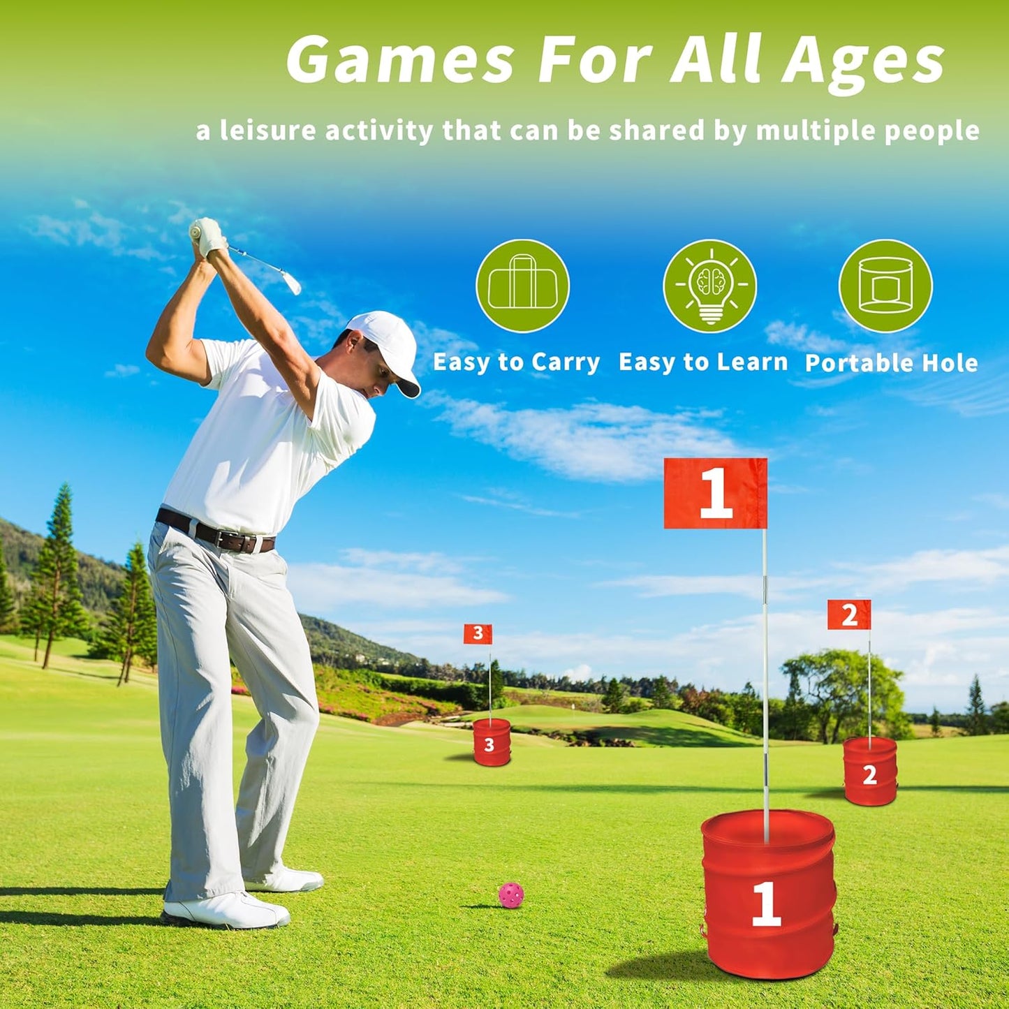 Golf Bucket Yard Game - 6 Hole Course With 2 Clubs, Balls and Flag for Adults and Family - Outdoor Lawn Chipping Games for Backyard, Beach, Park, Camping and Hotel
