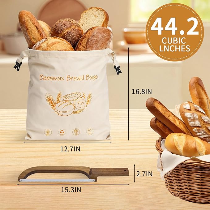 Reusable Beeswax Bread Bags with Bread Knife, 13x17'' Beeswax Bread Bags for Sourdough, Fruits, Vegetables (Natural)