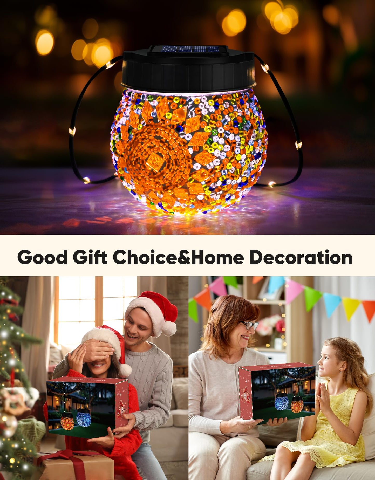 Mosaic Solar Lights Outdoor 2 Pack  Solar Hanging Lanterns Christmas Halloween Gifts For Women Mom Grandma  Waterproof Glass Globe Lights  Garden Patio Decor For Yard  Tree  Balcony  Warm