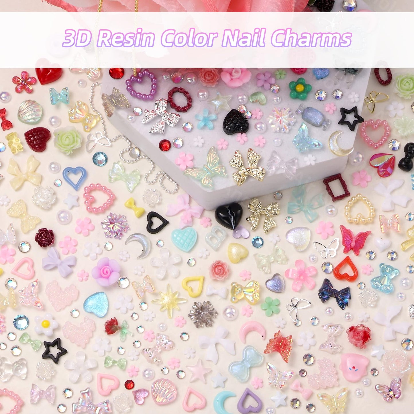Assorted Nail Charms Kit, 3D Nail Charms and Flatback Pearls Gems Set, Gold Silver Nail Bows, Flower Butterfly Bows 3D Asssorted