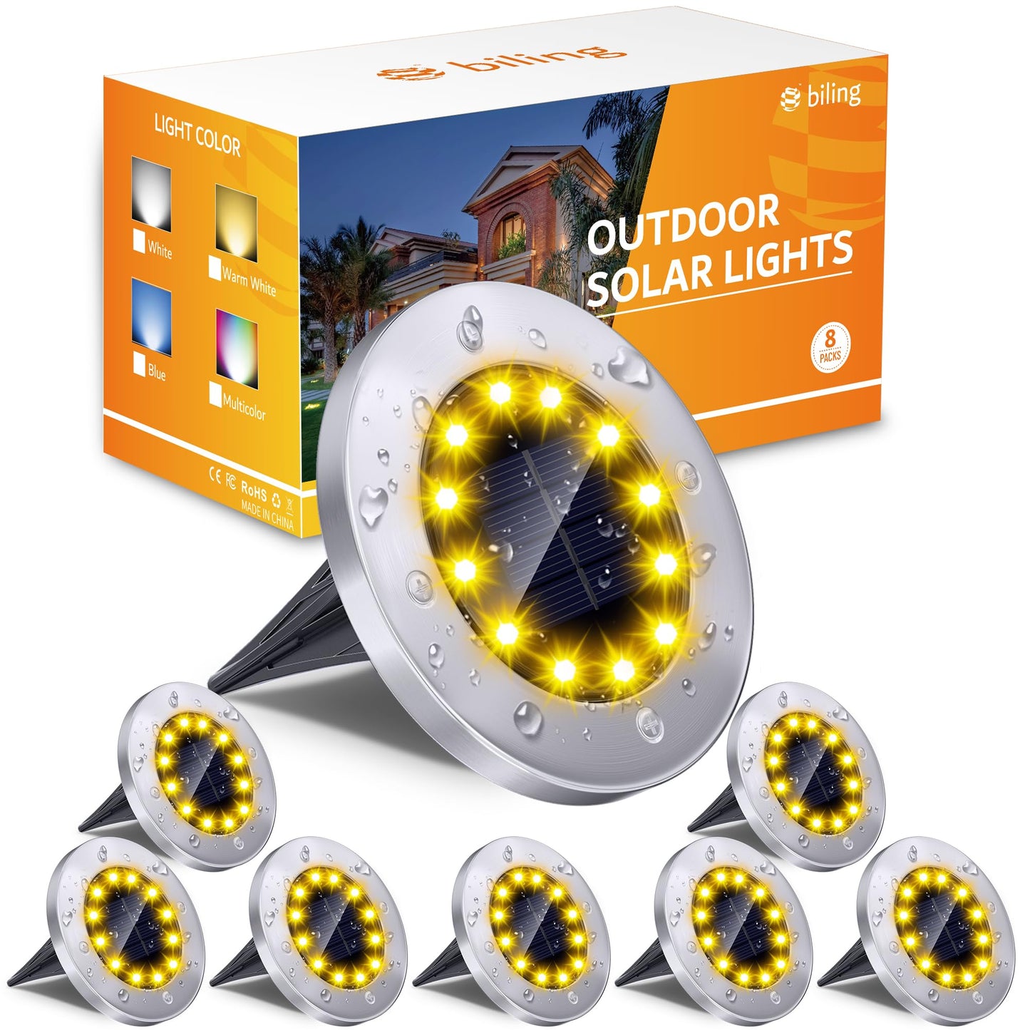 Biling Solar Ground Lights Outdoor, 8 Pack, Waterproof, 12 LEDs, Flat Landscape Lights, Warm White