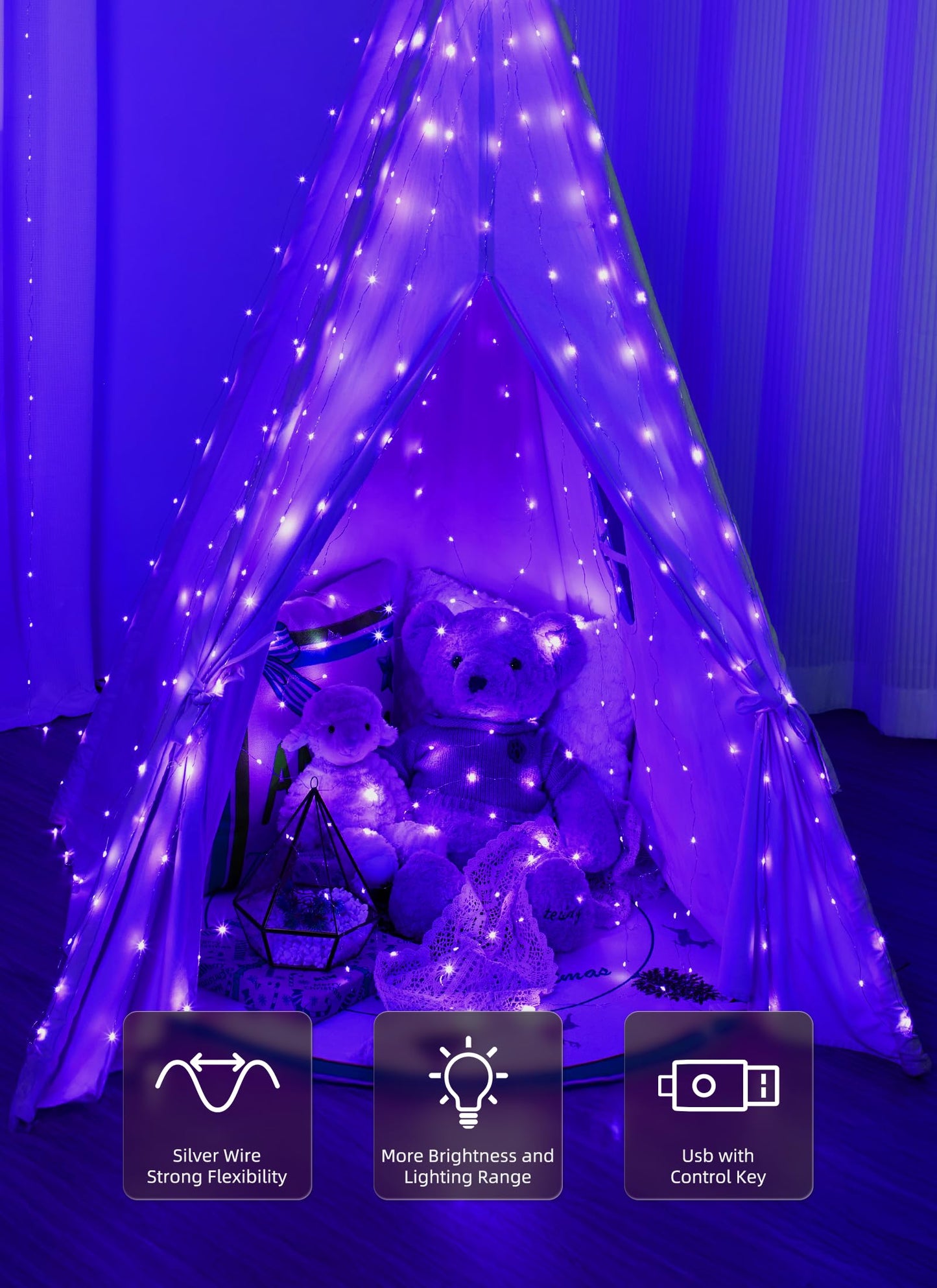 Brightown 300 Led Purple Halloween Fairy Curtain Lights  9.8Ft X 9.8Ft Curtain String Lights  Usb Plug In 8 Lighting Modes Led Christmas String Hanging Lights With Remote For Bedroom Indoor Weddings