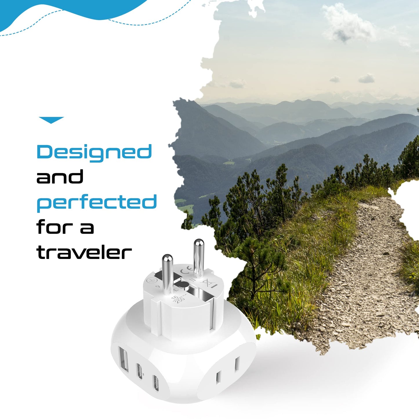 Ceptics European Schuko Travel Adapter - 5 Input With 20W Pd-Qc 3.1A Dual Usb-C And Usb - Ultra Compact - Light Weight - Usa To